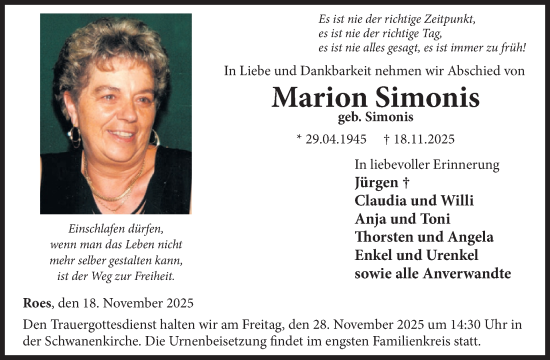 Traueranzeige von Marion Simonis von WochenSpiegel