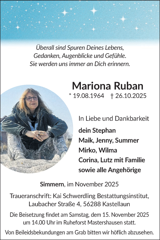 Traueranzeige von Mariona Ruban von WochenSpiegel