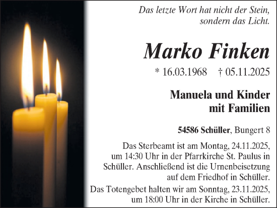 Traueranzeige von Marko Finken von WochenSpiegel