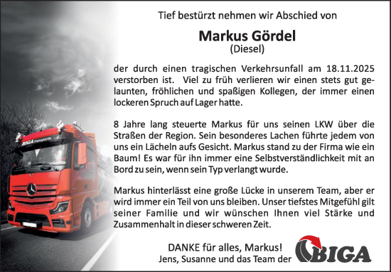 Traueranzeige von Markus Gördel von WochenSpiegel