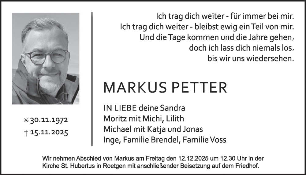  Traueranzeige für Markus Petter vom 26.11.2025 aus WochenSpiegel