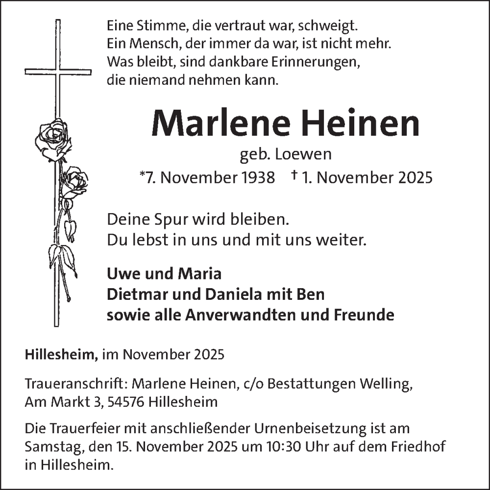  Traueranzeige für Marlene Heinen vom 08.11.2025 aus WochenSpiegel