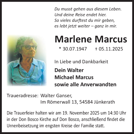Traueranzeige von Marlene Marcus von WochenSpiegel