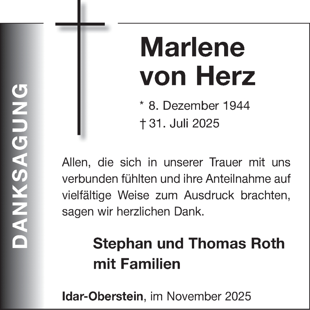  Traueranzeige für Marlene von Herz vom 15.11.2025 aus WochenSpiegel