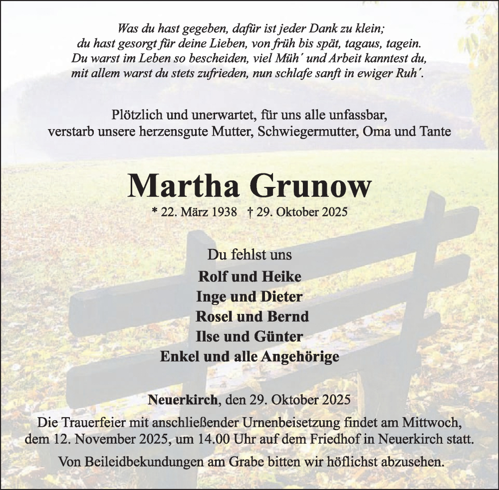  Traueranzeige für Martha Grunow vom 08.11.2025 aus WochenSpiegel