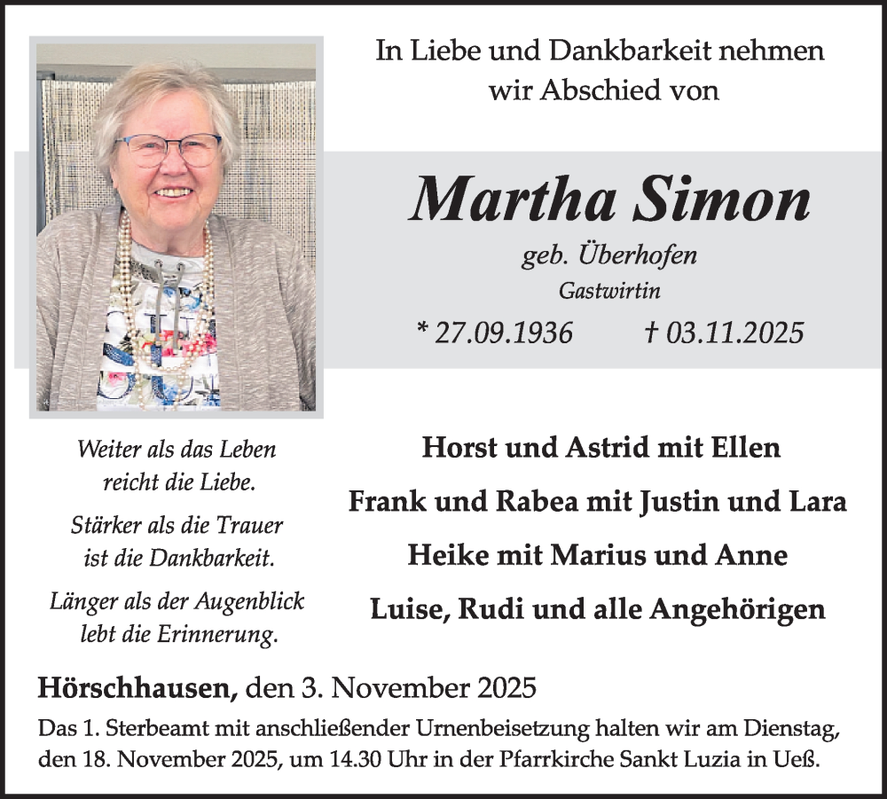  Traueranzeige für Martha Simon vom 15.11.2025 aus WochenSpiegel