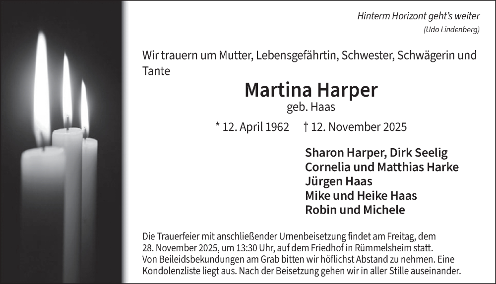  Traueranzeige für Martina Harper vom 22.11.2025 aus WochenSpiegel