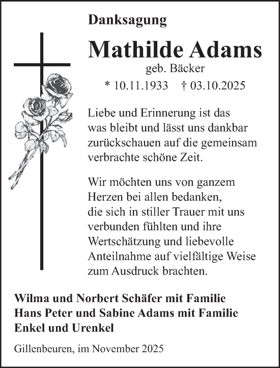 Traueranzeige von Mathilde Adams von WochenSpiegel