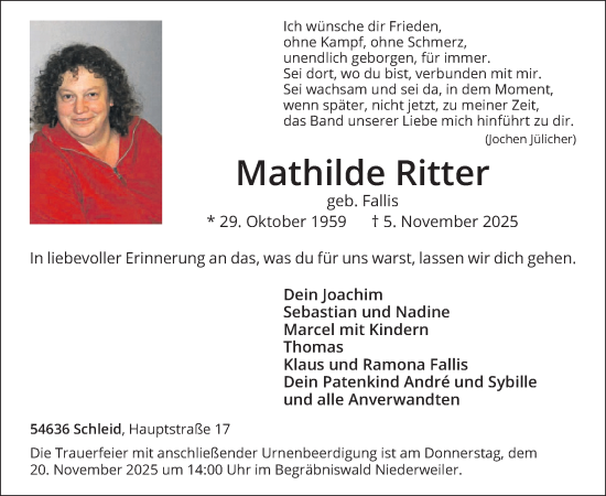 Traueranzeige von Mathilde Ritter von WochenSpiegel
