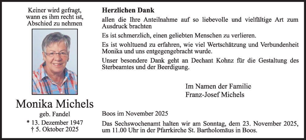  Traueranzeige für Monika Michels vom 15.11.2025 aus WochenSpiegel