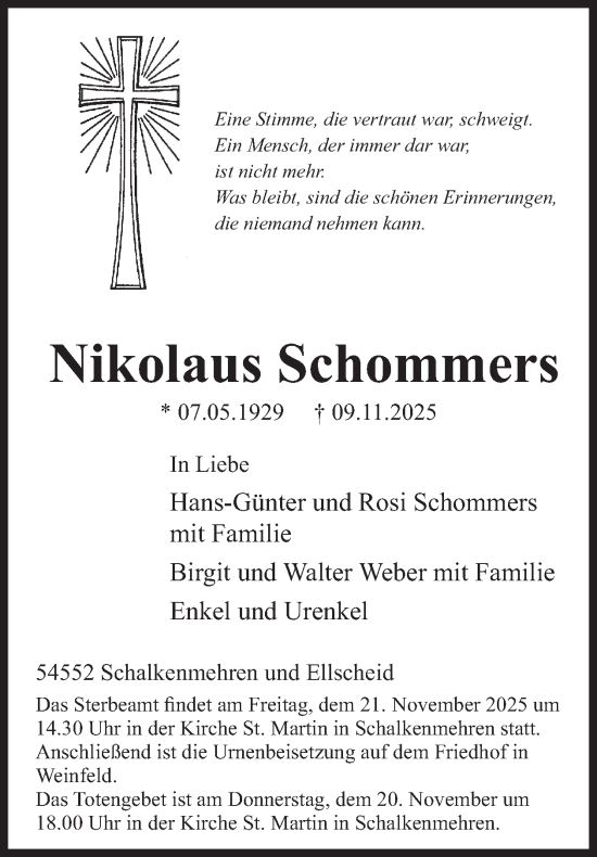 Traueranzeige von Nikolaus Schommers von WochenSpiegel
