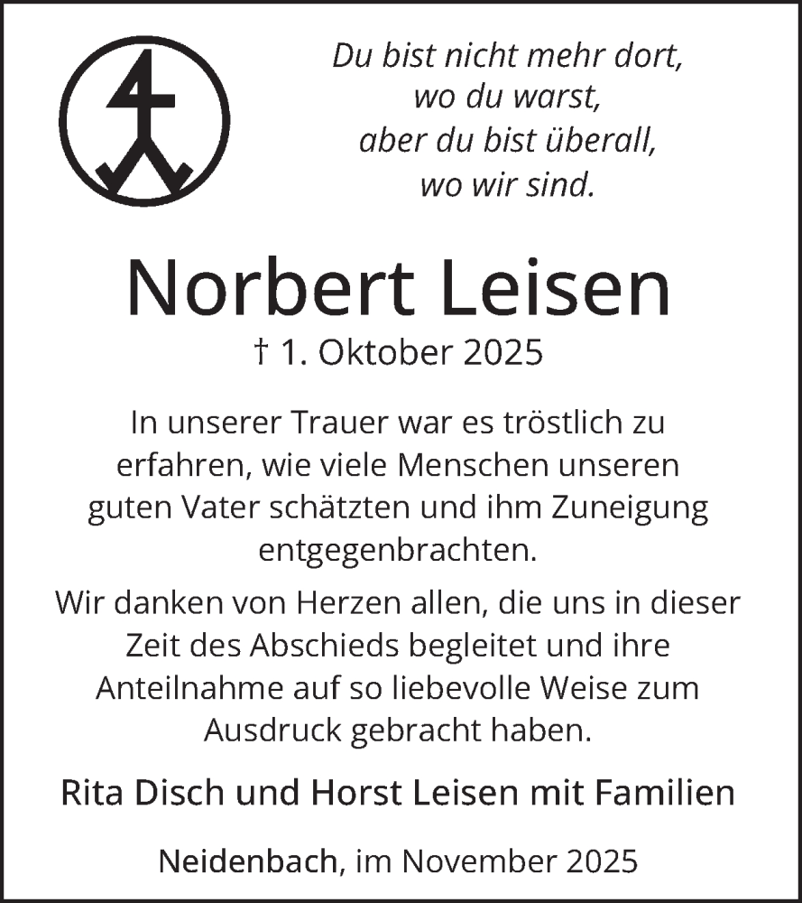 Traueranzeige für Norbert Leisen vom 07.11.2025 aus WochenSpiegel