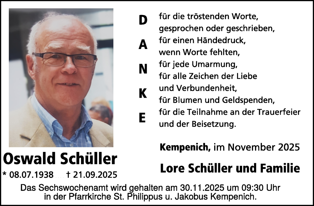  Traueranzeige für Oswald Schüller vom 19.11.2025 aus WochenSpiegel