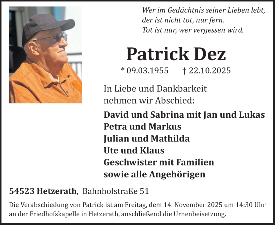 Traueranzeige von Patrick Dez von WochenSpiegel