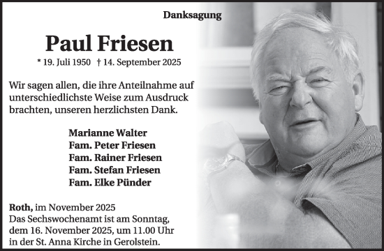 Traueranzeige von Paul Friesen von WochenSpiegel