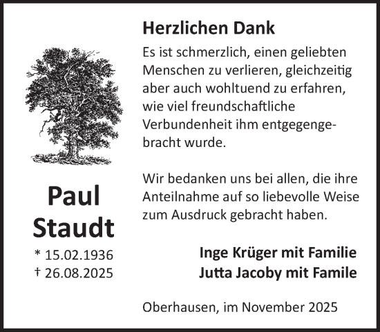 Traueranzeige von Paul Staudt von WochenSpiegel