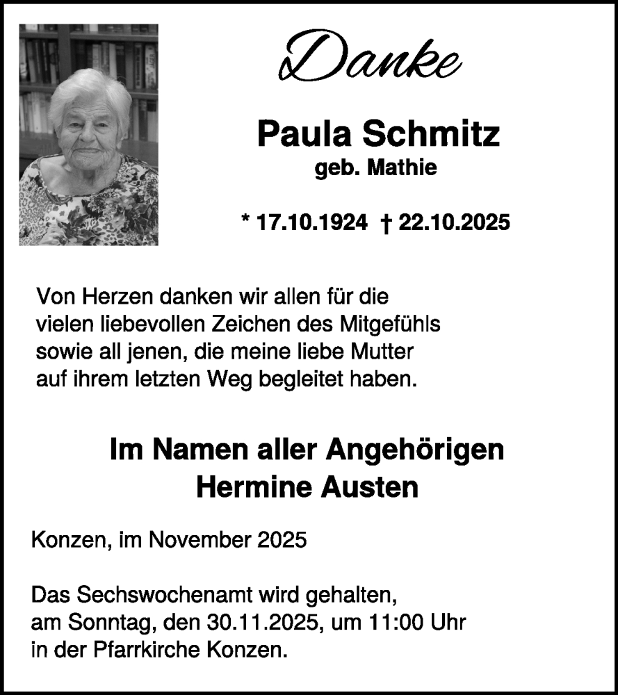  Traueranzeige für Paula Schmitz vom 26.11.2025 aus WochenSpiegel