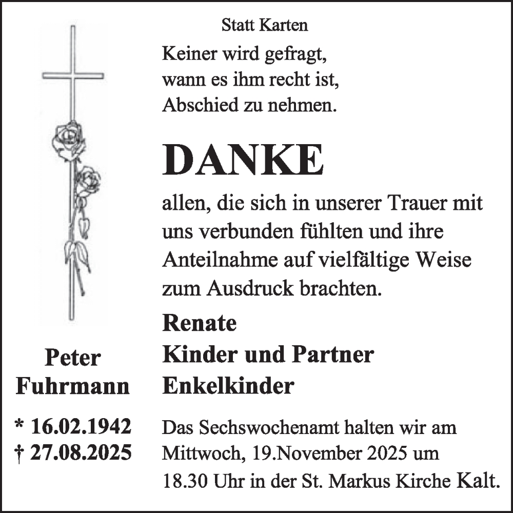  Traueranzeige für Peter Fuhrmann vom 12.11.2025 aus WochenSpiegel