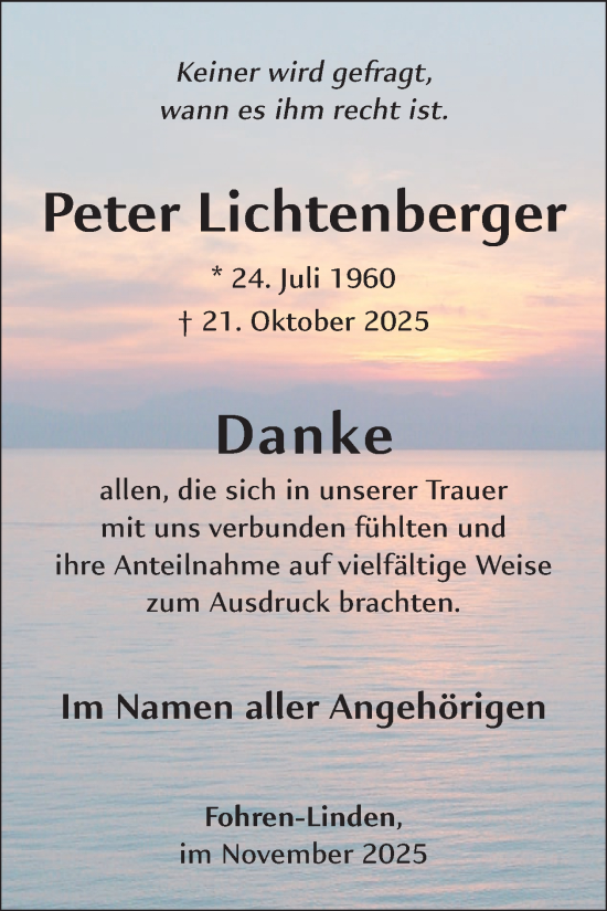 Traueranzeige von Peter Lichtenberger von WochenSpiegel