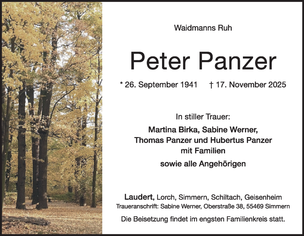  Traueranzeige für Peter Panzer vom 29.11.2025 aus WochenSpiegel