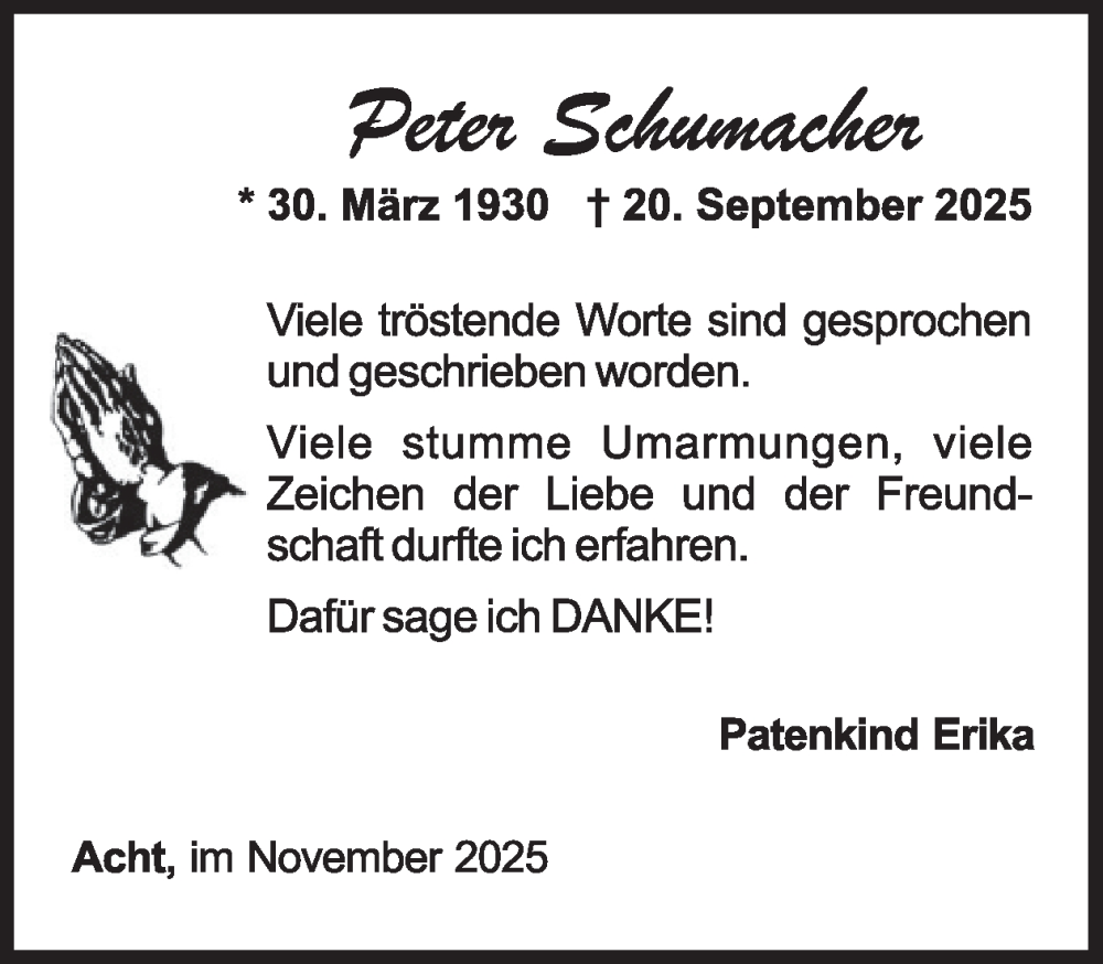  Traueranzeige für Peter Schumacher vom 12.11.2025 aus WochenSpiegel