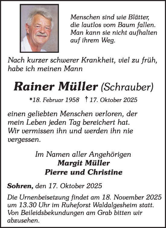 Traueranzeige von Rainer Müller von WochenSpiegel