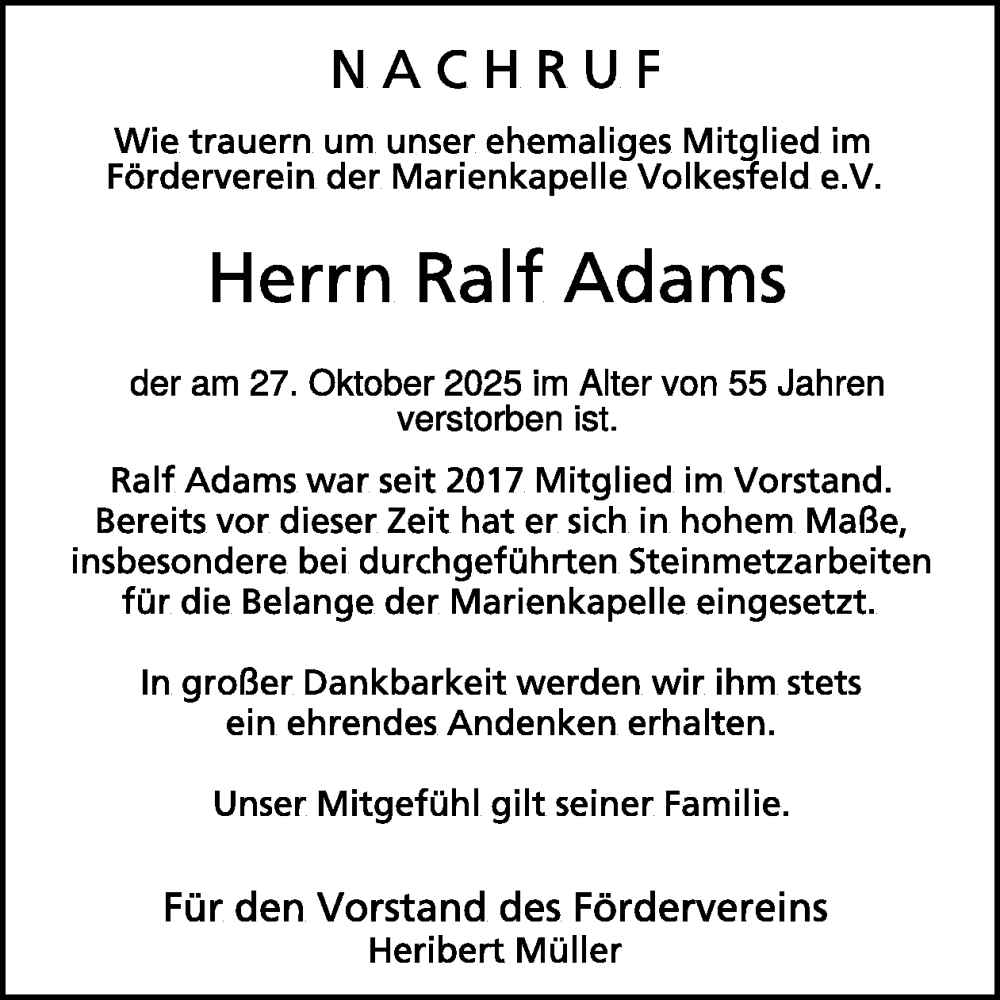  Traueranzeige für Ralf Adams vom 12.11.2025 aus WochenSpiegel