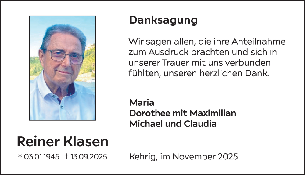  Traueranzeige für Reiner Klasen vom 12.11.2025 aus WochenSpiegel