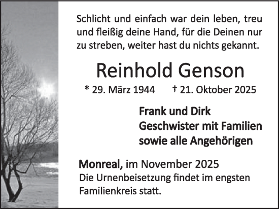 Traueranzeige von Reinhold Genson von WochenSpiegel