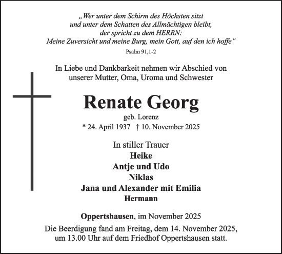 Traueranzeige von Renate Georg von WochenSpiegel