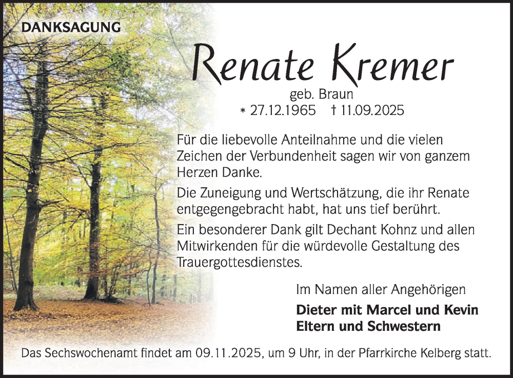  Traueranzeige für Renate Kremer vom 08.11.2025 aus WochenSpiegel