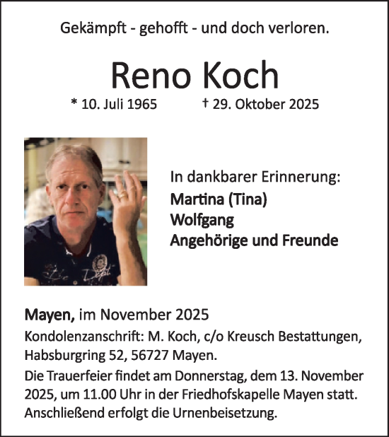 Traueranzeige von Reno Koch von WochenSpiegel