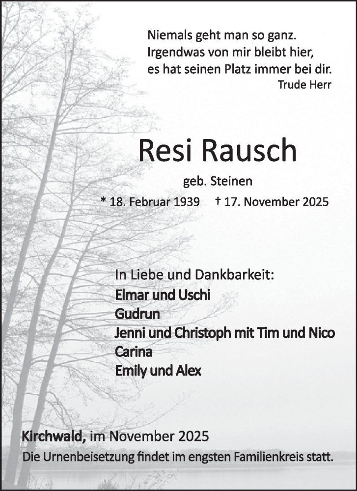  Traueranzeige für Resi Rausch vom 26.11.2025 aus WochenSpiegel