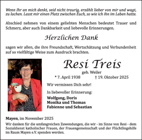 Traueranzeige von Resi Treis von WochenSpiegel