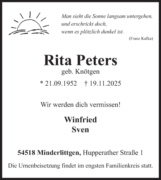 Traueranzeige von Rita Peters von WochenSpiegel