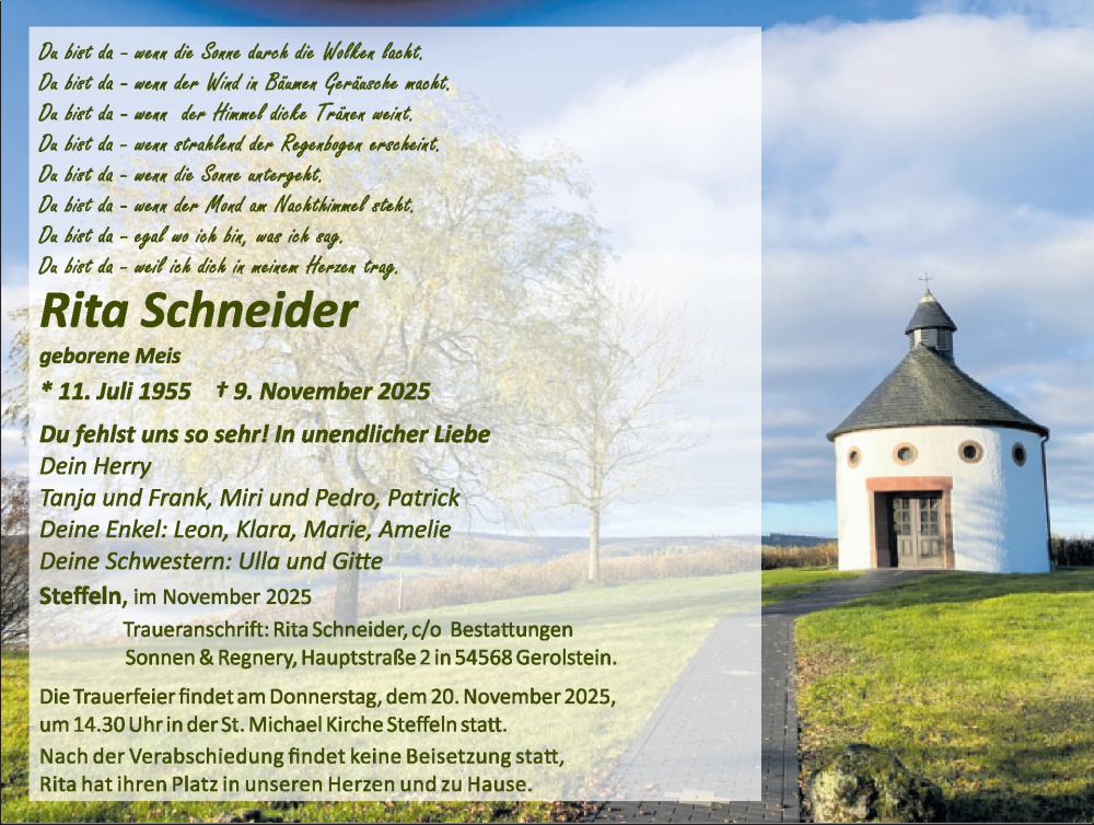  Traueranzeige für Rita Schneider vom 15.11.2025 aus WochenSpiegel