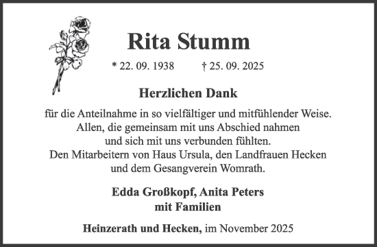 Traueranzeige von Rita Stumm von WochenSpiegel