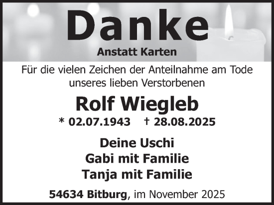 Traueranzeige von Rolf Wiegleb von WochenSpiegel