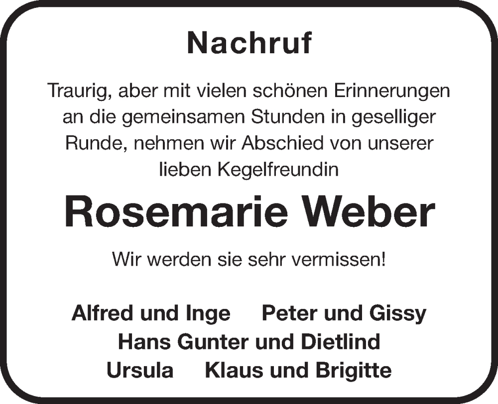  Traueranzeige für Rosemarie Weber vom 08.11.2025 aus WochenSpiegel