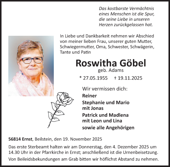 Traueranzeige von Roswitha Göbel von WochenSpiegel