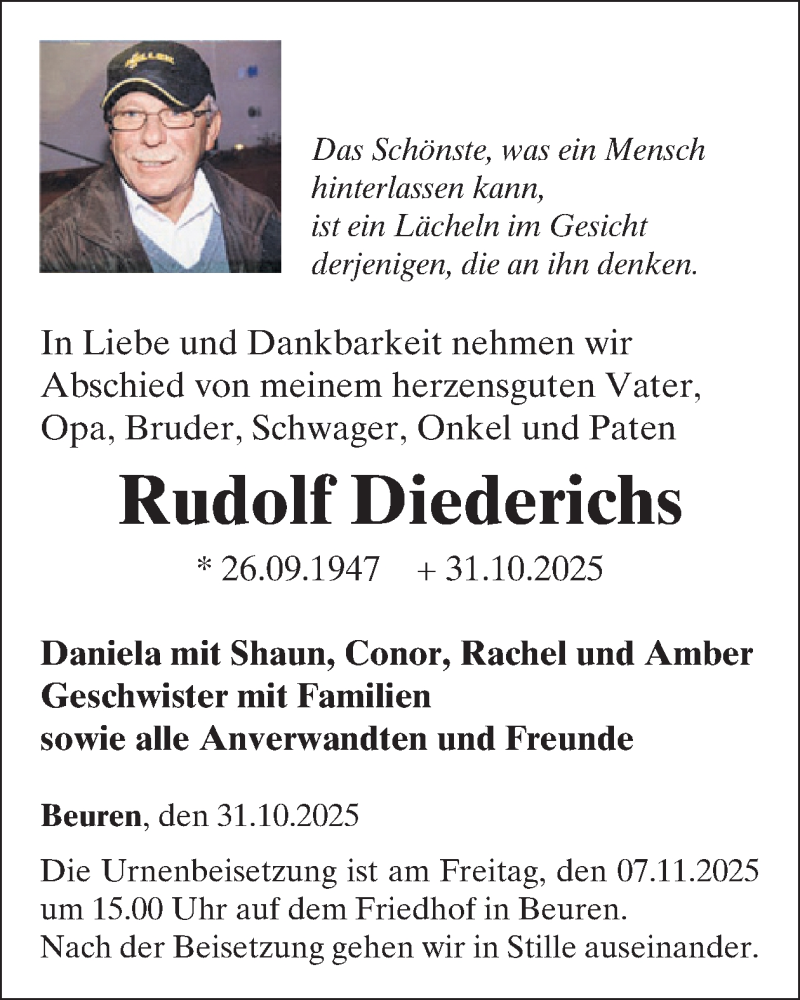  Traueranzeige für Rudolf Diederichs vom 05.11.2025 aus WochenSpiegel