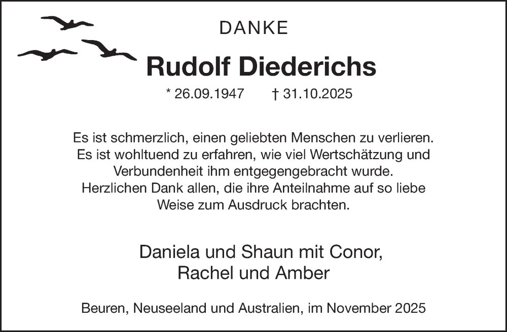  Traueranzeige für Rudolf Diederichs vom 26.11.2025 aus WochenSpiegel