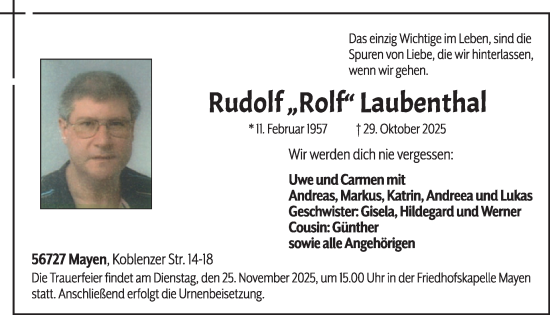 Traueranzeige von Rudolf Laubenthal von WochenSpiegel