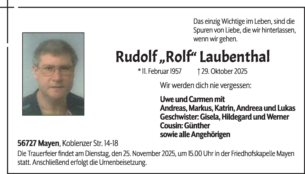  Traueranzeige für Rudolf Laubenthal vom 12.11.2025 aus WochenSpiegel