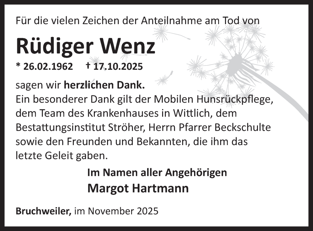  Traueranzeige für Rüdiger Wenz vom 29.11.2025 aus WochenSpiegel