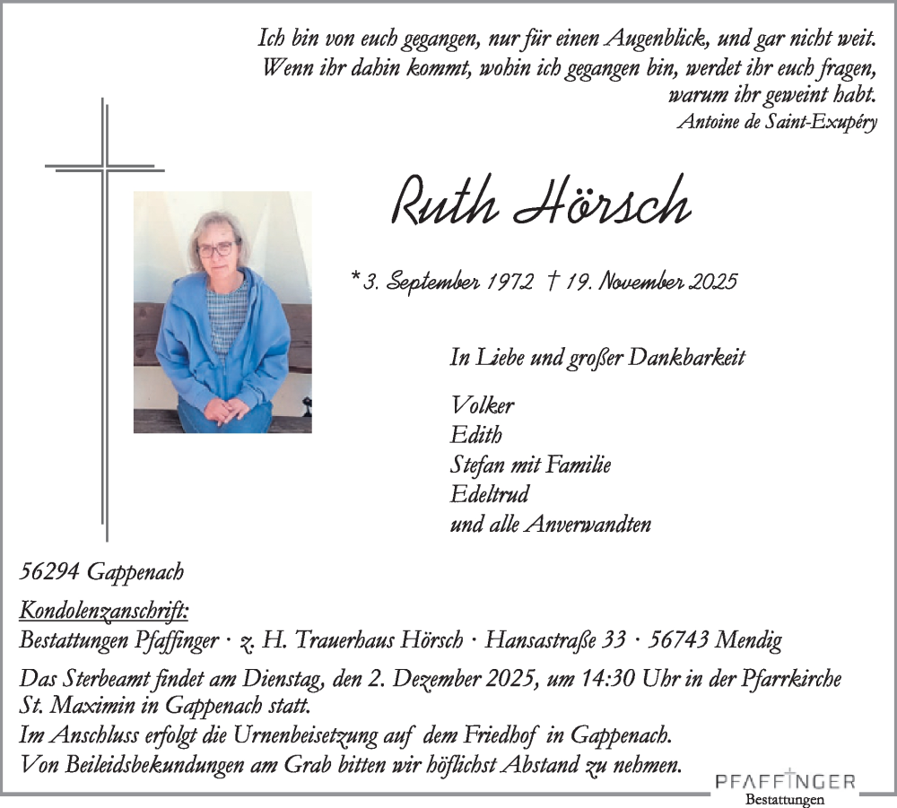  Traueranzeige für Ruth Hönsch vom 26.11.2025 aus WochenSpiegel