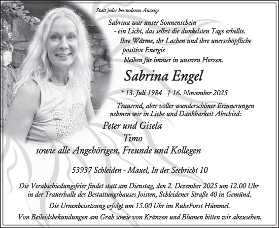 Traueranzeige von Sabrina Engel von WochenSpiegel