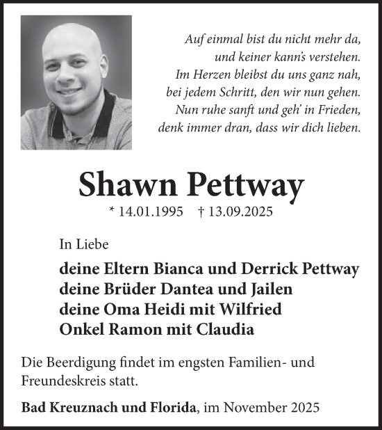 Traueranzeige von Shawn Pettway von WochenSpiegel