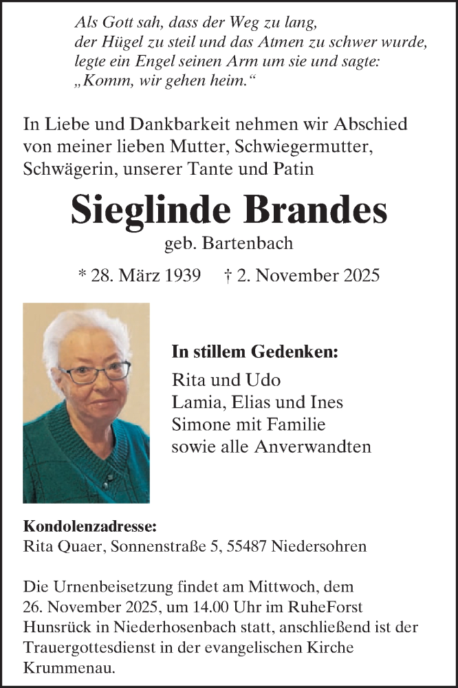  Traueranzeige für Sieglinde Brandes vom 15.11.2025 aus WochenSpiegel