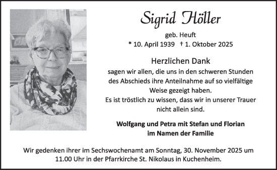 Traueranzeige von Sigrid Höller von WochenSpiegel